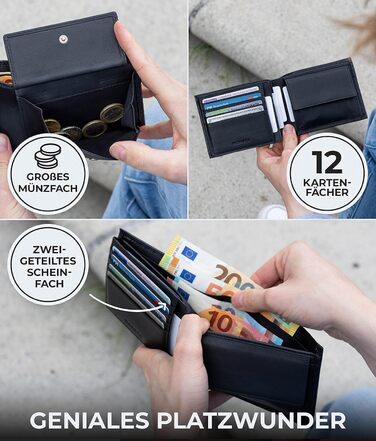 KORUTA® Wallet for Men Leather Carbon with RFID Protection | Real Leather Bifold Wallet Large | 13 Compartments | Wallet for Men | Wallet/Bifold/Portmonee made of genuine leather (Carbon Black)