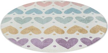 Дитячий килим Beat Kids сучасної колекції, м'який, круглої форми (120 см), колір кремовий з кольоровими серцями, стійкий до вицвітання та легкий у догляді