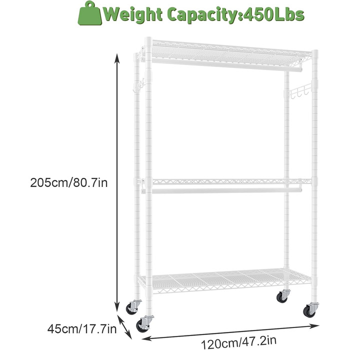 Вішалка для одягу на коліщатках металева з 3 штангами та полицею, біла 120x45x205 см
