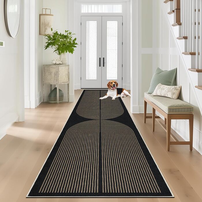 Килимок-лаунфер для підлоги 80x200 см з джуту, чорний/натуральний, для кухні, коридору, спальні, балкону