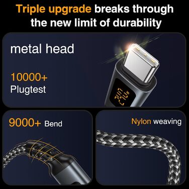 Кабель USB-C на USB-C GIANAC 240W з LED дисплеєм, 2м, нейлон, для iPhone, Samsung, iPad, MacBook Pro/Air