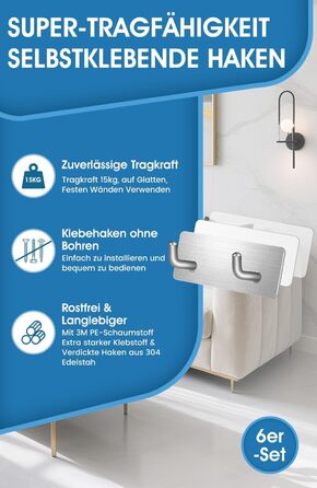 Набір гачків для рушників без свердління, 10 шт., самоклеючі гачки з нержавіючої сталі 304, надміцні клейкі гачки для великих предметів, гачки для стін без свердління для ванної, туалету та кухні, стійкі до корозії, гачки для рушників (подвійні *6)