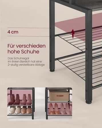 VASAGLE Coat Rack with Shoe Bench, Wardrobe, 5 Shelf Levels made of Particleboard, 9 Triple Hooks, 6 Side Hooks, 40 x 120 x 190 cm, Stone Grey-Ink Black HSR426B04