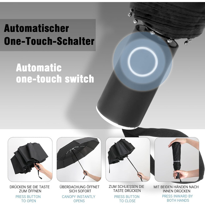 Чорний парасолька Herreicher туристичний автоматичний штормостійкий з алюмінієвим каркасом, компактний, 102 см, 10 спиць, для чоловіків/жінок/дітей/літніх людей