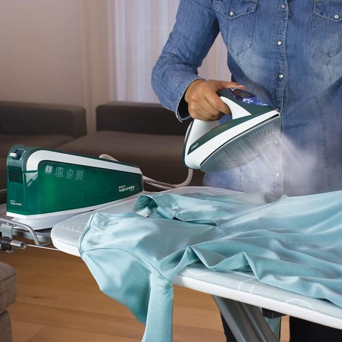 Polti Vaporella Express VE30.20, high-performance steam ironing station with up to 8 bar pump, ECO function, with One Temperature Technology and digital setting, White/Green Bianco E Verde