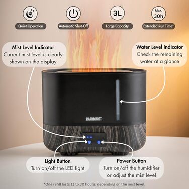 Увлажнитель воздуха 3L с эффектом пламени, тихая ультразвуковая технология, верхний залив, регулируемая интенсивность пара, Cool Mist для спальни