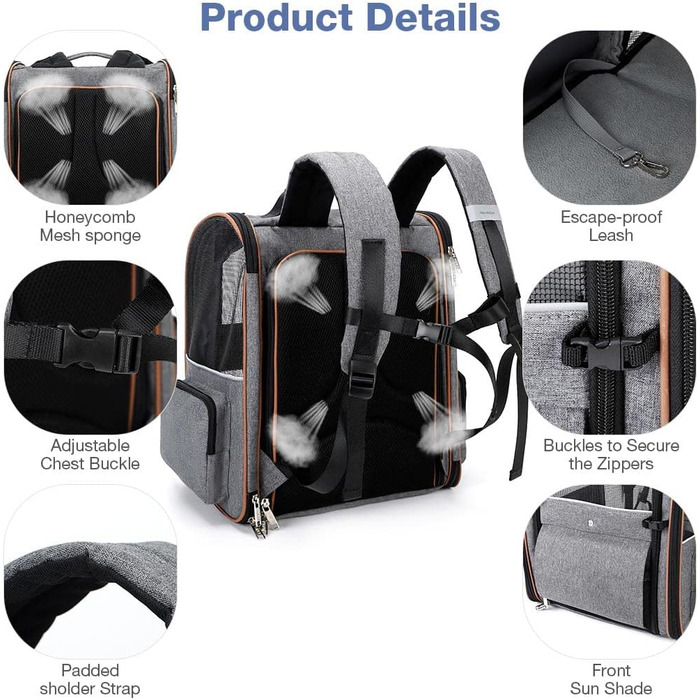 Розширюваний рюкзак для кота/собаки, до 8 кг, сірий. Рюкзак-переноска для тварин з безпечною шнуркою та підстилкою, 32 x 28 x 42 см