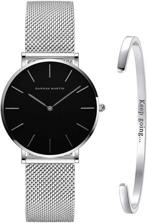 Жіночий годинник: аналоговий кварц, нержавіюча сталь, водонепроникний, сітка, ультратонкий комплект з браслетом (чорний корпус, срібний ремінець, срібний браслет)