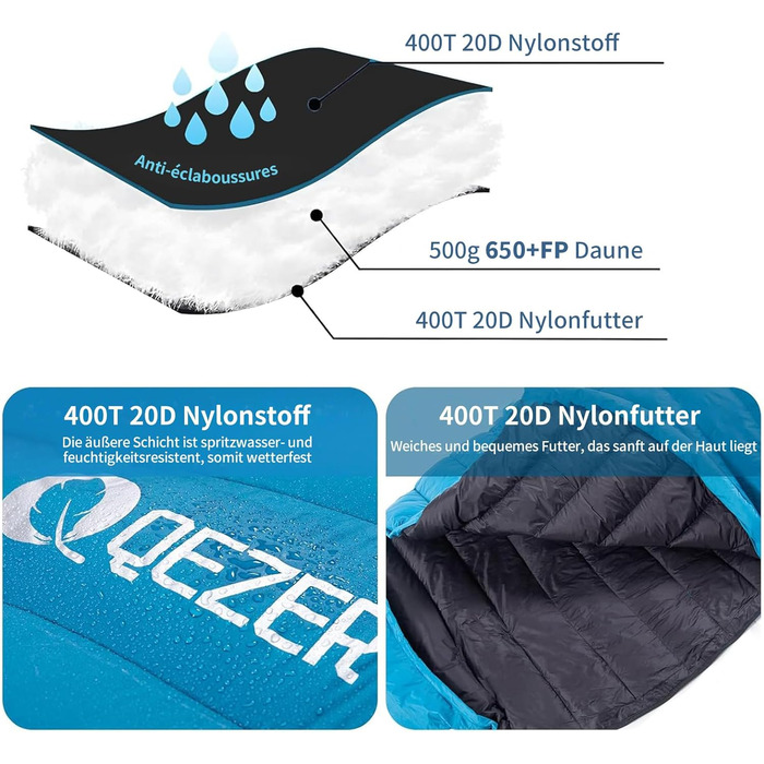 Сплячий мішок для дорослих та дітей, легкий зимовий спальник Outdoor 8°C ~ -30°C для кемпінгу та альпінізму з 650 FP гусячим пухом, блакитний, 500г пуху