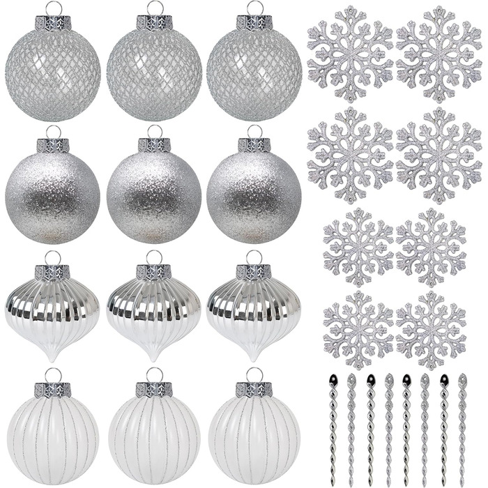 SLEETLY 28шт Білозолоті Новорічні Кулі для Прикраси Ялинки - Набір Декоративних Орнаментів, Сніжинки та Крижані Шарм, Стійкі до Ударів, для Святкового Прикрашання