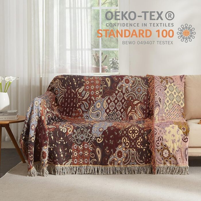 Богемна ковдра Boho Decke 100% бавовна – двостороння муслінова ковдра 150x200 см, м'яка ковдра для дивана та покривало на ліжко, естетичний дизайн, ідеально підходить для вітальні та спальні, помаранчевий/зелений (230 x 250 см, візерунок пає)