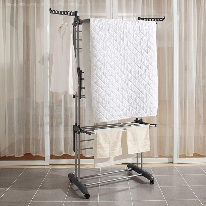 Сушарка для білизни вертикальна (вежа) на 3 ярусах з колесами, розкладна економна сушарка для одягу, сріблясто-сіра, 75x64x170 см