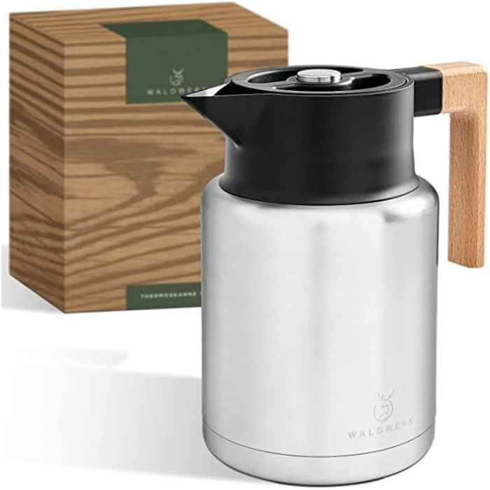 WALDWERK Thermos Flask (1.4L) - Coffee Pot made of double-walled 304 stainless steel with an elegant wooden handle - Insulated carafe with a drip-free spout - Coffee Pot Thermo