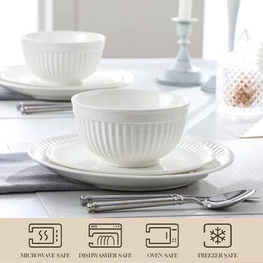 Набір посуду Malacasa Leila для 6 осіб, 24-елементний сервіз з порцеляни з ручним рельєфним дизайном, білий. Підходить для мікрохвильової печі та мийки посуду.