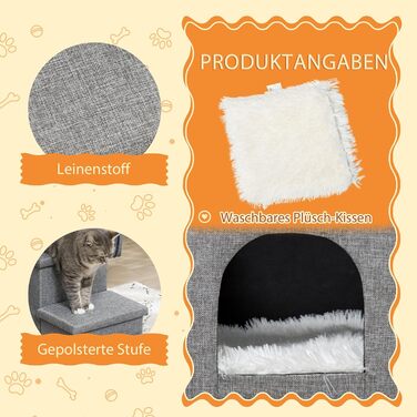 PawHut Сходинка для собак 3 сходинки, 40.5 см, з подушкою-печериною, місцем для зберігання, для котів та маленьких собак, сірого кольору, для ліжка, дивану, авто