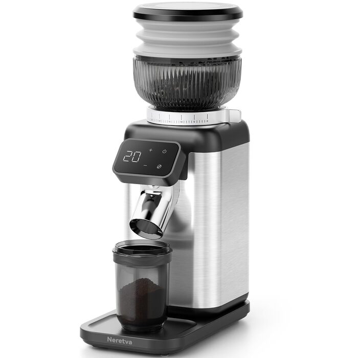 Професійна кавомолка Neretva з прецизійними жорнами, 40 штук. Електрична кавомолка з рівномірним помелом, антистатична, без залишків. Підходить для еспресо, фільтр-кави, френч-пресу, мока-кави. Сріблястий колір.