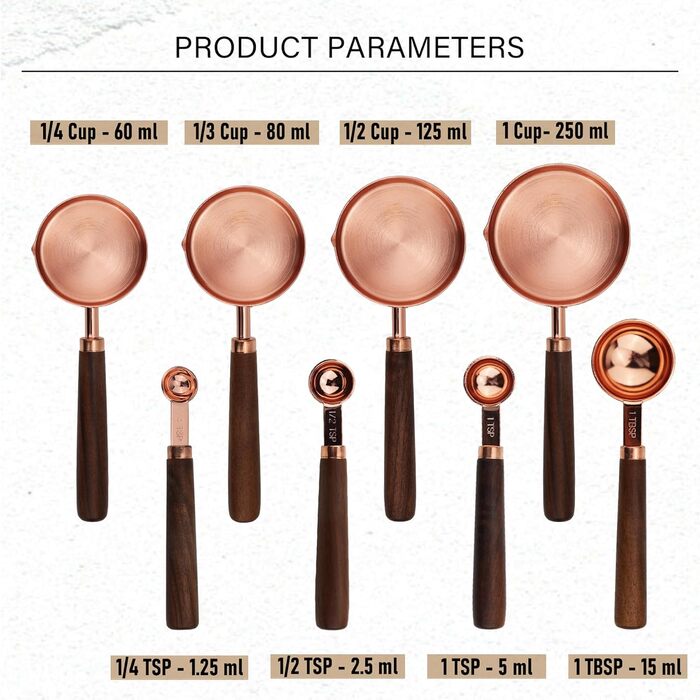 Measuring Cup and Spoon Set, Rose Gold Measuring Cups and Spoons, Stainless Steel Measuring Cups with Wooden Handle, Metal Measuring Cup Set for Cooking, Baking, 8 Pieces