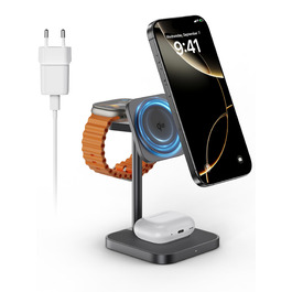 LULULOOK Qi2 Магсейф Зарядна Станція 3 в 1 з Алюмінію для Apple Watch та iPhone, 15W Швидка Зарядка (17 Pro Max/17 Pro/17 Air/17), 5W для Apple Watch Ultra, AirPods, Титан (Сірий)