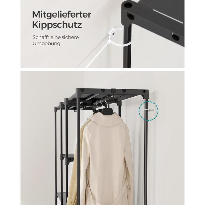 SONGMICS Шкаф для одягу, вішалка для одягу, гак для одягу, з вішалкою для одягу, полиці з тканини, металевий каркас, 182 x 43 x 182 см, чорний, RYG037B02