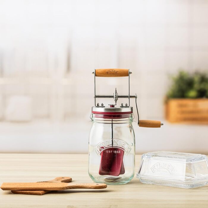 Kilner Butter Churn Glass with Hand Crank, make delicious butter yourself in just 10 minutes, with silicone stirrer, 1L, incl. instructions and recipes, also for herb butter, garlic butter, etc., 27 cm tall