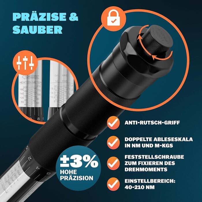 Набір динамометричних ключів Monzana 6 шт. 40-210 Нм 1/2'' CrV з тріскачкою, насадки 17/19/21 мм, подовжувач, кейс, для авто і мотоцикла, сертифікат TÜV Süd GS