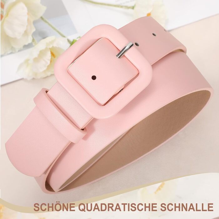 Жіночий шкіряний пояс JasGood пастельно-рожевого кольору, широкий, з квадратною пряжкою для джинсів, штанів та суконь, 110 см (під талію 76-88 см)