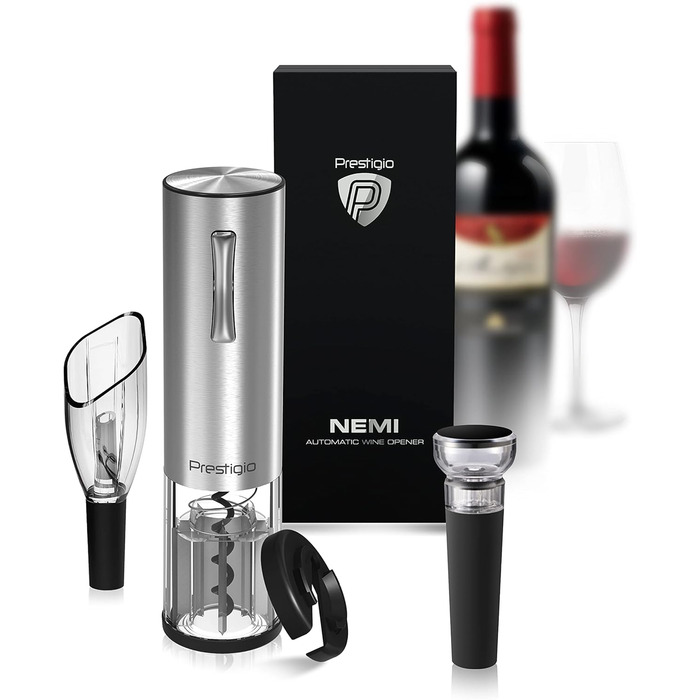 Premium Electric Wine Opener with Charging Station - Integrated Foil Cutter - Packaged in a High-Quality Gift Box - Black/Silver (Nemi - Silver)