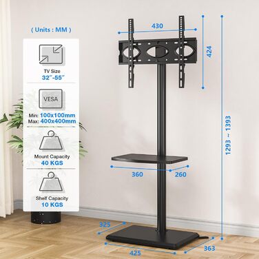 Стійка для телевізора 5Rcom з кронштейном 32-60 дюймів до 40 кг, чорна, VESA 400x400 мм