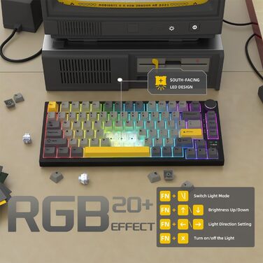 Механічна клавіатура YINDIAO AK820 PRO з TFT дисплеєм та кнопкою, 2.4G Wireless/BT5.1/USB-C, 75% ANSI, Hot-Swap, лінійний перемикач, RGB-підсвітка, для PC/MAC (Сірий)