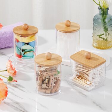 Контейнер для ватних паличок (4 шт.) з бамбуковою кришкою - органайзер для макіяжу, ватних дисків, для ванної кімнати та спальні