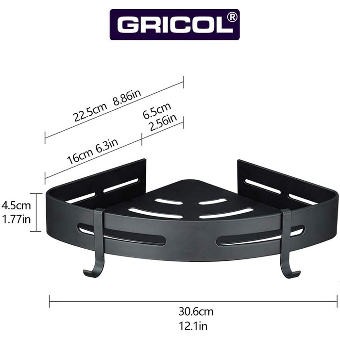Дзеркальна поличка для душу Gricol без свердління, з гачками, чорна | Кухонна та ванна поличка