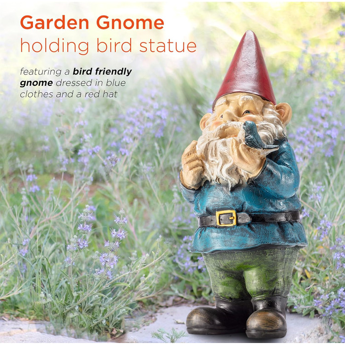 Alpine Corporation WAC406 Alpine Garden Gnome with Bird, Outdoor Decoration, 12 inches tall, red