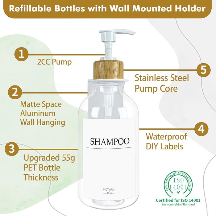 Набір дозаторів для мила, шампуню та миючого засобу на стіну, 500 мл, 3 шт., прозорий + бамбук