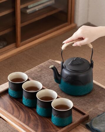 ZENS Design Japanese Teapot, 1000ml Gradient Embossed Japanese Ceramic Teapot with Built-in Strainer and Hemp Rope Handle for Loose Leaf Tea Steeper, Gift for Tea Lovers, Black & Bean Green (Black & Green, 1000ml Teapot & 4 of 200ml Cups)