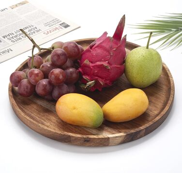 Round Wooden Tray, Acacia Wood Serving Tray, Serving Platter, Appetizer Charcuterie Board, Tray Organizer for Kitchen/Countertop, 35.1 x 35.1 x 2 cm