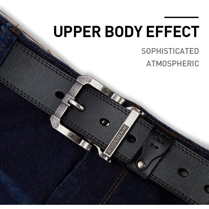 Чоловічий шкіряний ремінь BISON DENIM з надійною пряжкою: класичний, міцний, для джинсів. Довжина 115 см, підходить для об'єму талії 36-39 дюймів.