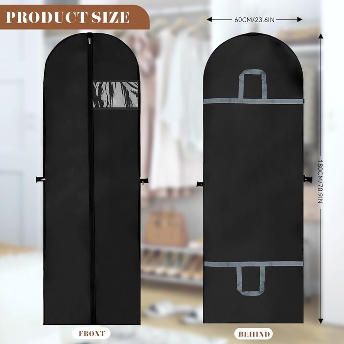 Чохли для одягу 4 шт. 60x180 см, дихаючий матеріал, з ручками, на блискавці, з віконцем. Захист для костюмів, пальто, суконь.