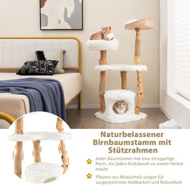 Кігтеточка для котів COSTWAY 124 см з будиночком, платформою та джутовими стовпчиками, з масиву дерева, біла