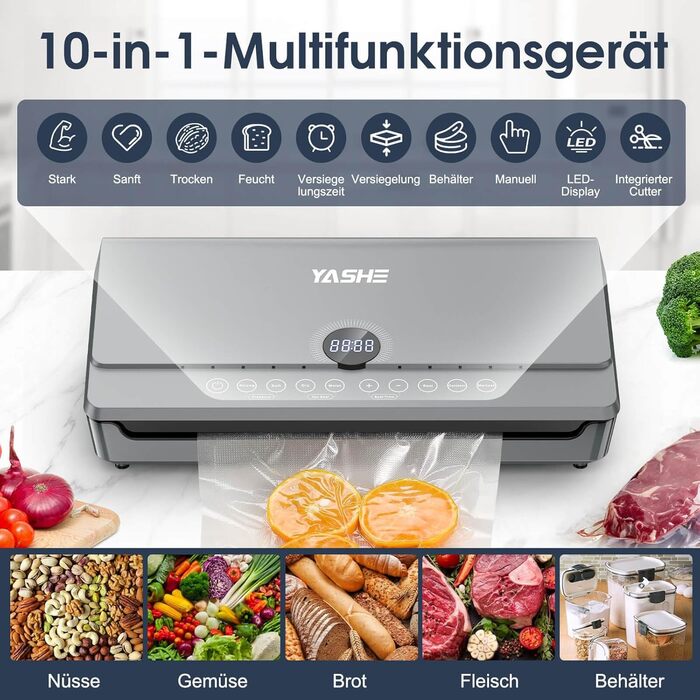 Вакуумний пакувальник YASHE 80KPA з магнітною кришкою, 10-в-1, подвійна зварювальна лінія та подвійна поршнева помпа, зберігання рулонів, для зберігання продуктів