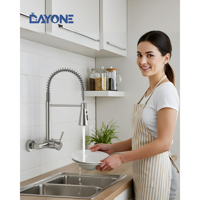 Змішувач кухонний настінний DAYONE з висувною лійкою, нержавіюча сталь, 3 режими, 360° обертання, відстань між отворами 15 см, матовий