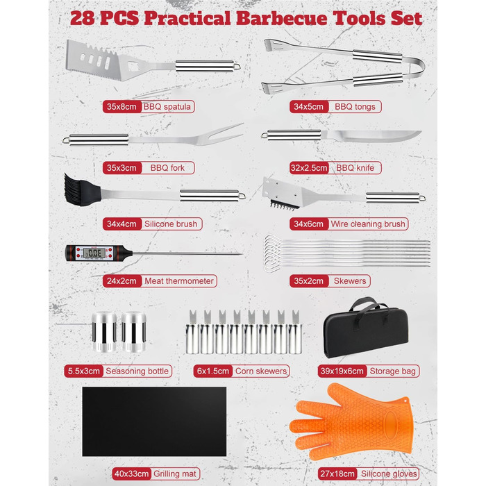 Набір гриль-посуду 11 предметів, 34 см, нержавіюча сталь. Комплектація: щипці, виделка, кейс. Практичний багатофункціональний набір для барбекю, подарунок для чоловіків (срібний)