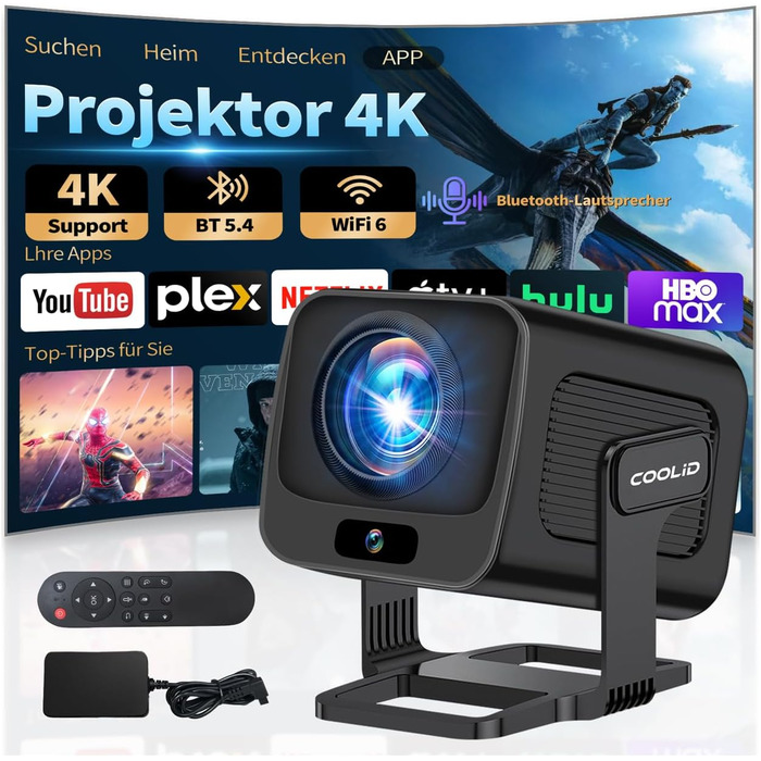 Портативний проєктор Mini Beamer 4K з WiFi 6, Bluetooth 5.4, автоматичною корекцією трапецеїдальних спотворень, обертання 270°, підтримка USB/Laptop, з пультом ДУ та мишкою, білий (Black-1)