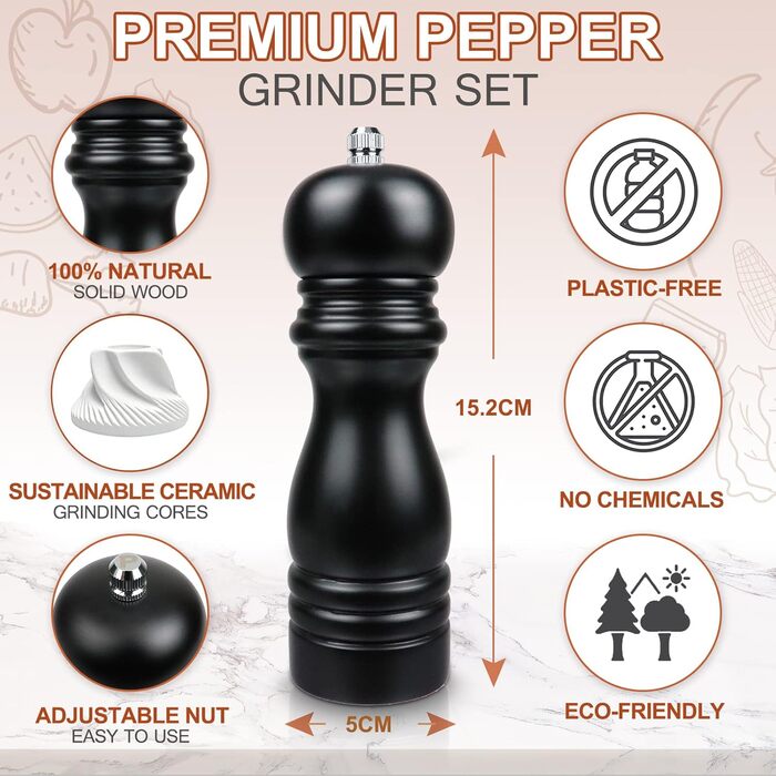 Набір з 2 мельниць для солі та перцю (соль, перець, чилі) - ручні, дерев'яні, з регулюванням помелу, класичний дизайн, чорний та білий
