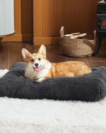 М'яке собаче ліжко для середніх собак, 95 x 65 см, з довгим пухнастим покриттям, знімне, з антиковзною основою, ортопедична підстилка, темно-сірий колір