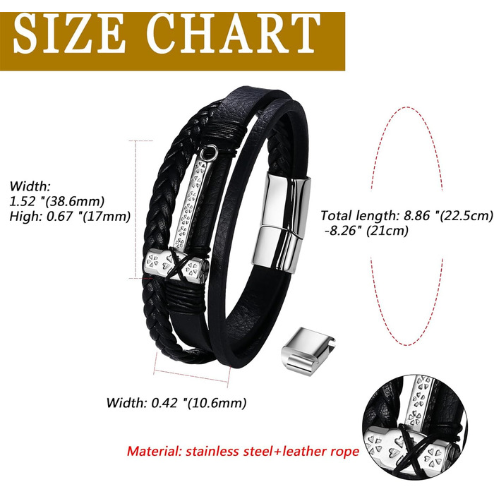 Чоловічий браслет Flongo з плетеного шкіряного шнура, стилі вікінгів, з амулетом Тора (молот), регульований, з застібкою, подарунок для чоловіків