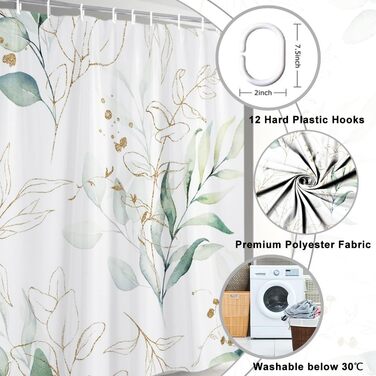 Штора для душу 180x220 см, Евкаліпт, зелені листя, анти-грибок, акварель, рослини, водонепроникна, поліестер, з гачками для ванної кімнати