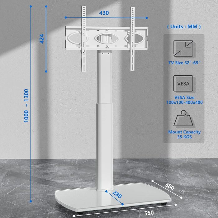 Adjustable TV Stand with Swivel Mount - Fits 32-65 Inch Flat & Curved TVs - Max VESA 400x400mm, 35kg