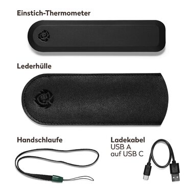 Burnhard Instant-Read Thermometer, Folding, Grill Thermometer + Leather Protective Case, Roast Thermometer, Ultra-Fast Measurement, 1.5mm Probe, 180° Invisible-Off LED Display, USB Rechargeable