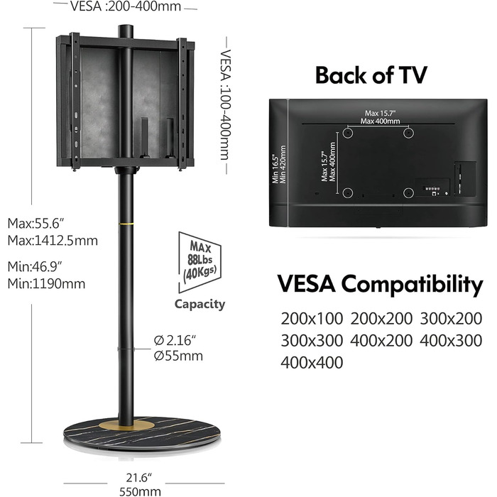 FITUEYES Adjustable Swivel TV Stand for 32-60 inch TVs - VESA 400x400 - Black