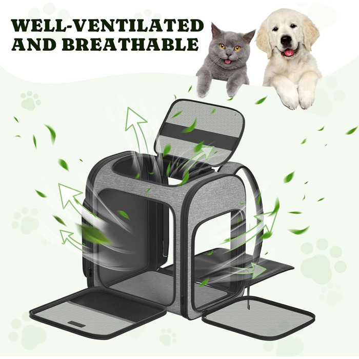 Рюкзак-переноска для котів Pawtners з розширеним тунелем для ігор, дозволений авіакомпаніями, для маленьких собак та великих котів до 11,3 кг, складаний, сірий (15.7'L x 12.6'W x 15.0'H)